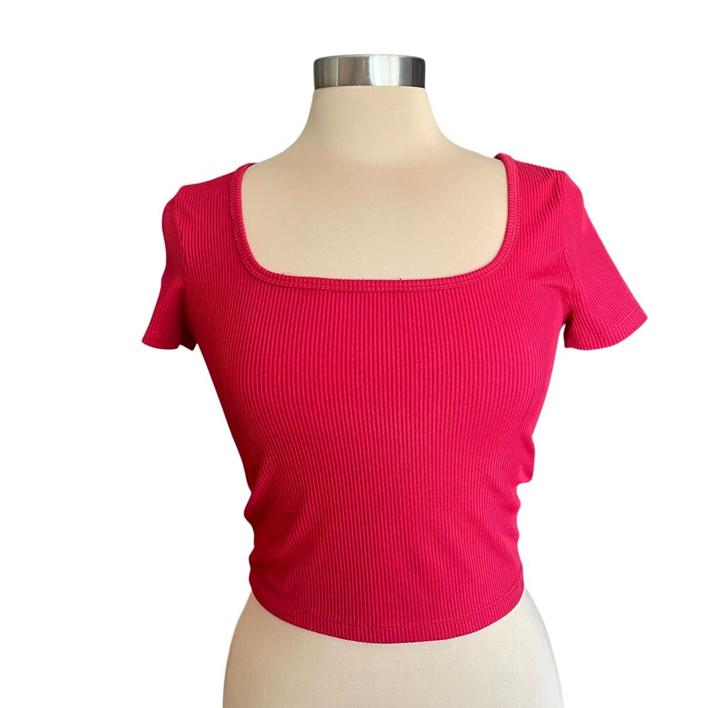 Hollister Baby Tee Red Sz MED Tight Ribbed Knit Square Neck Y2K Coquette Summer